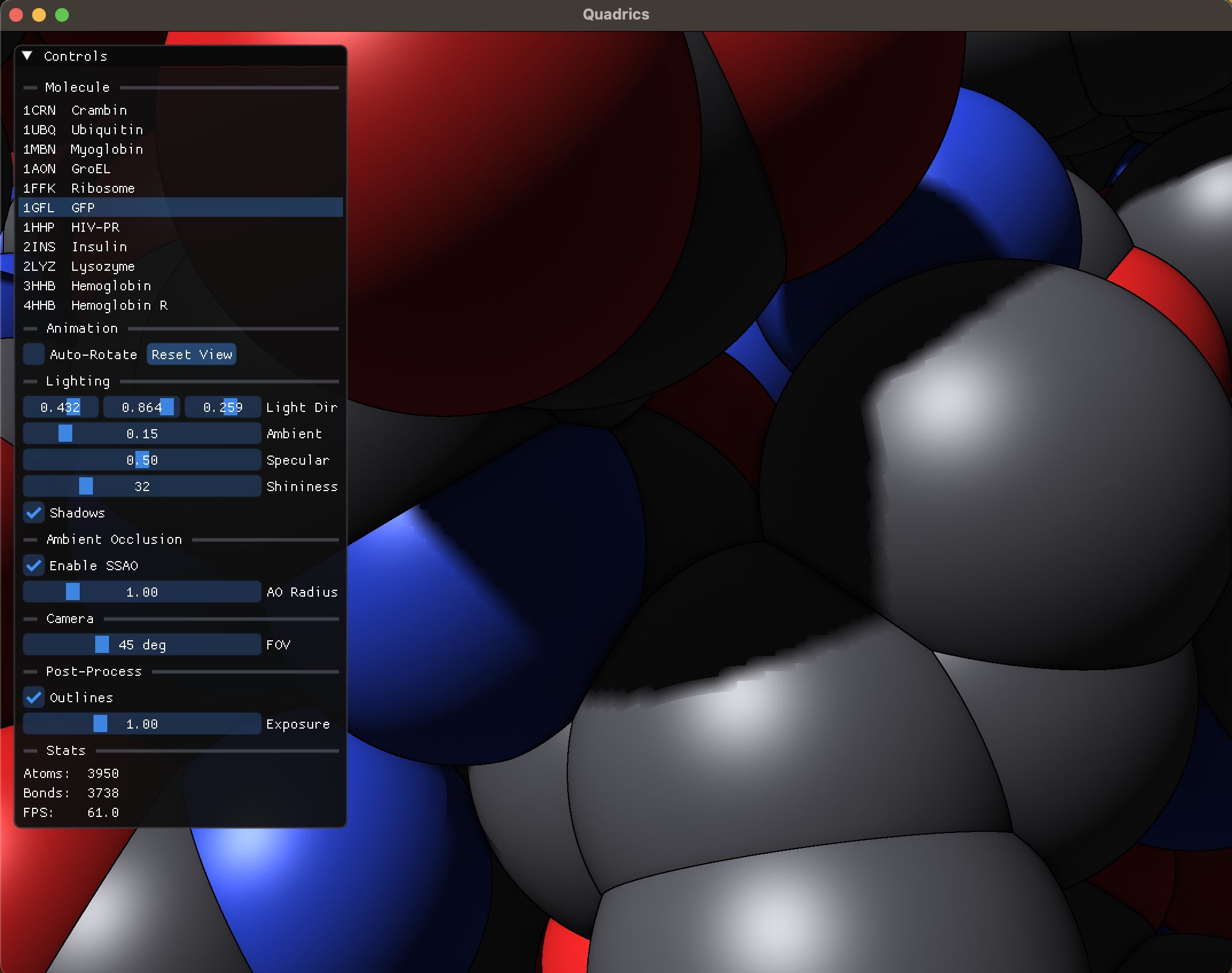 GPU ray-casting demo — molecules rendered with shadows and ambient occlusion